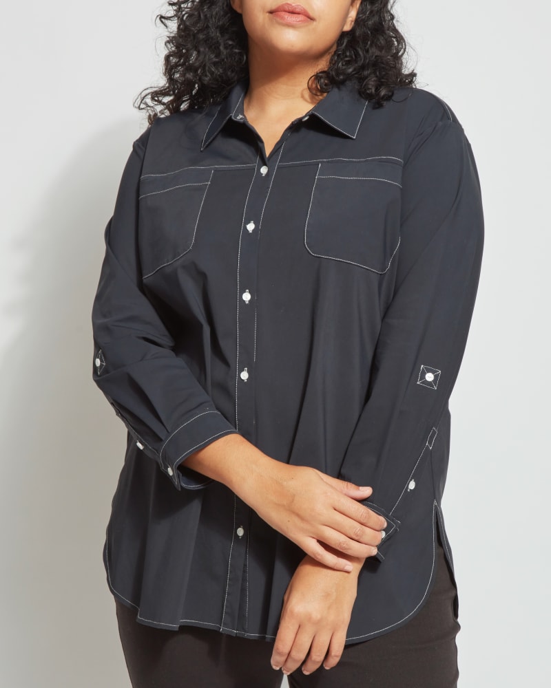 Front of a model wearing a size 3X Camper Sporty Button Down Shirt in Black by Lysse. | dia_product_style_image_id:309885